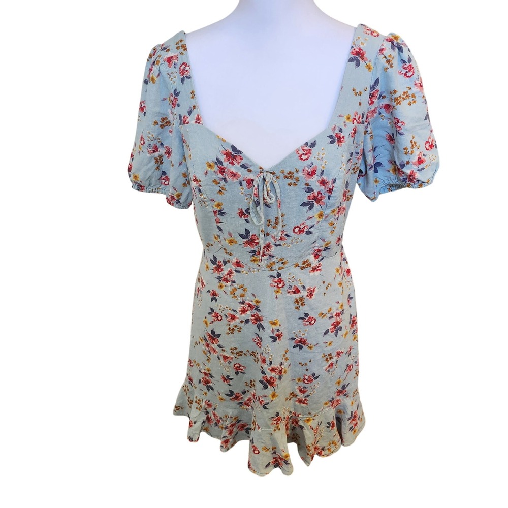City Triangles Light Blue‎ Linen Blend Floral Ruffle Hem Mini Dress Size M